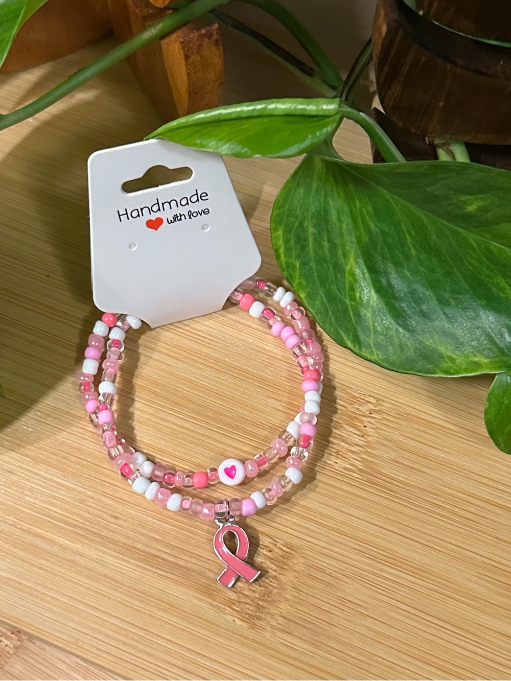 🎀Breast Cancer Awareness 2-PC Stretchy Bracelet Set | Handmade |Dangle Charm🎀
